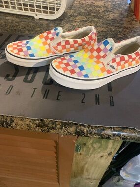 Vans Kids Checkerboard Slip-On Sneakers in Rainbow and White